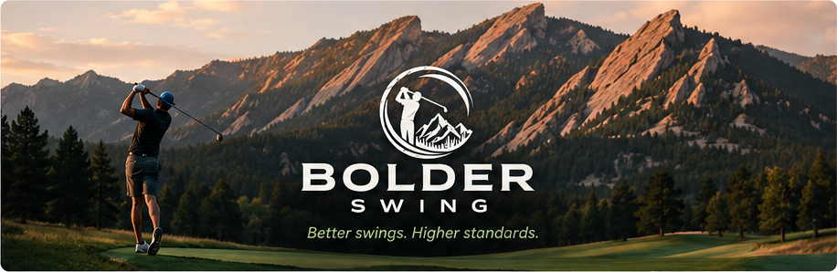 Golfer finishing a swing in front of Boulder's Flatirons